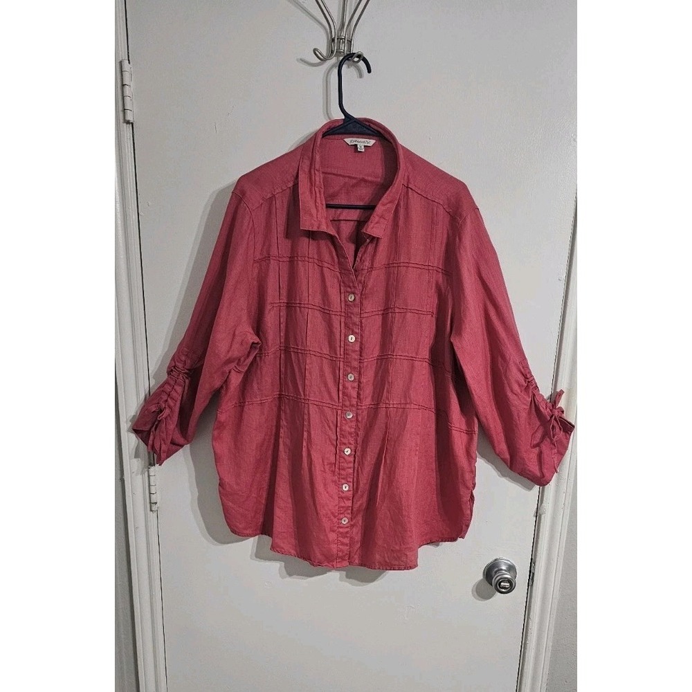 John Mark Womens 1X Pink Linen Blouse Button Front Ruched Sleeve Top Coastal